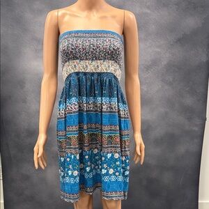 Floral Strapless Dress - Blue and Multicolor
